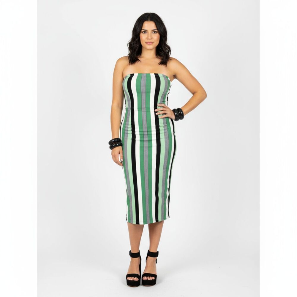 Love Nation Green White Black Striped Print Strapless Dress Skirt 3XL